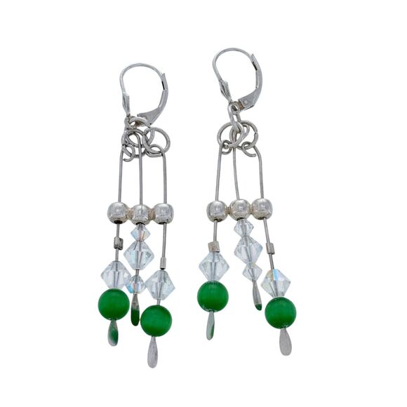 Estate Jewelry - Vintage Sterling Silver 925 Crystal and Green Glass Beaded Dangle Earrings